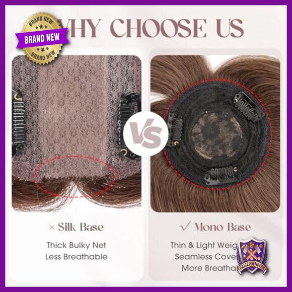 Human Hair Topper with Bangs, Mono Base, 12 Inch, Lightweight Clip-In Hairpiece main image 7